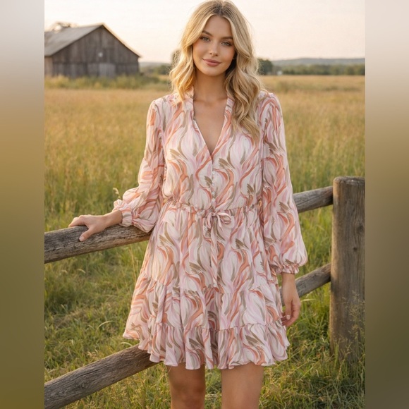 entro Dresses & Skirts - Entro Large Peach Pink Floral Tiered Mini Dress Boho Bell Sleeve